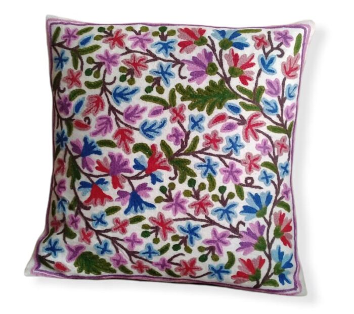 Koshur Flora Hand Embroidered Crewel 16×16 Cushion Cover