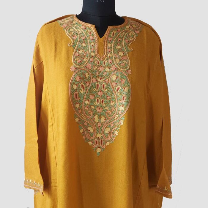 Mustard Raffal Pheran With Hand Aari Work