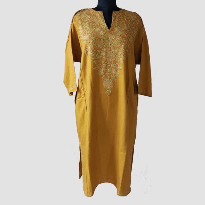 Mustard Cashmilon Pheran With Aari Work - Image 2