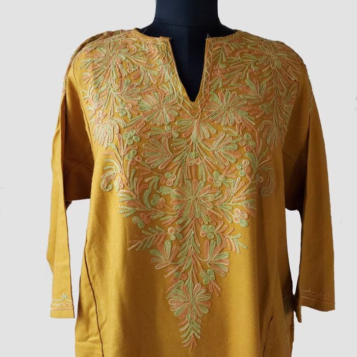 Mustard Cashmilon Pheran With Aari Work
