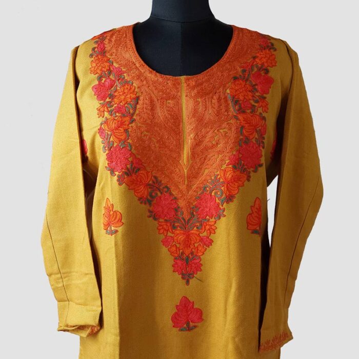 Mustard Raffal Aari Work Kurta