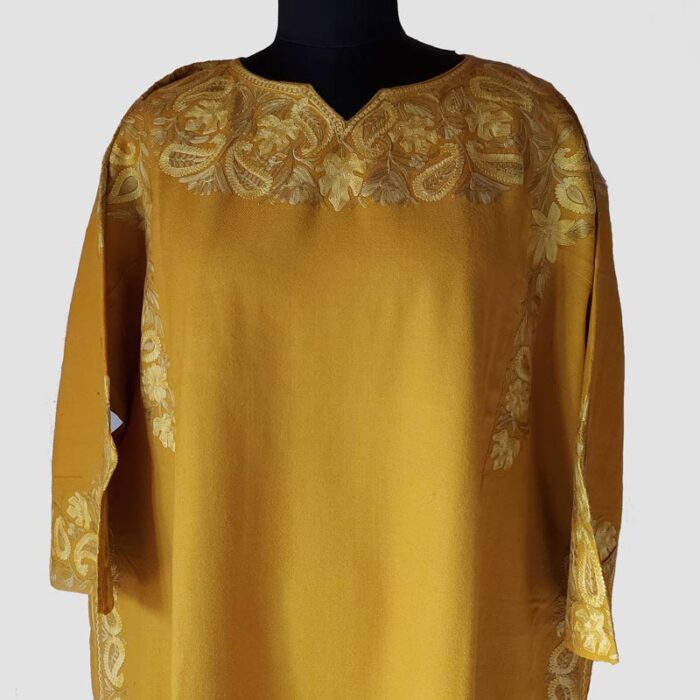 Mustard Yellow Aari Work Pure Raffal Pheran