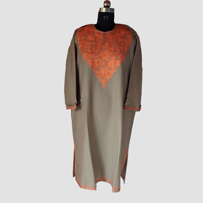 Natural Beige Cashmilon Pheran with Aari Work - Image 2