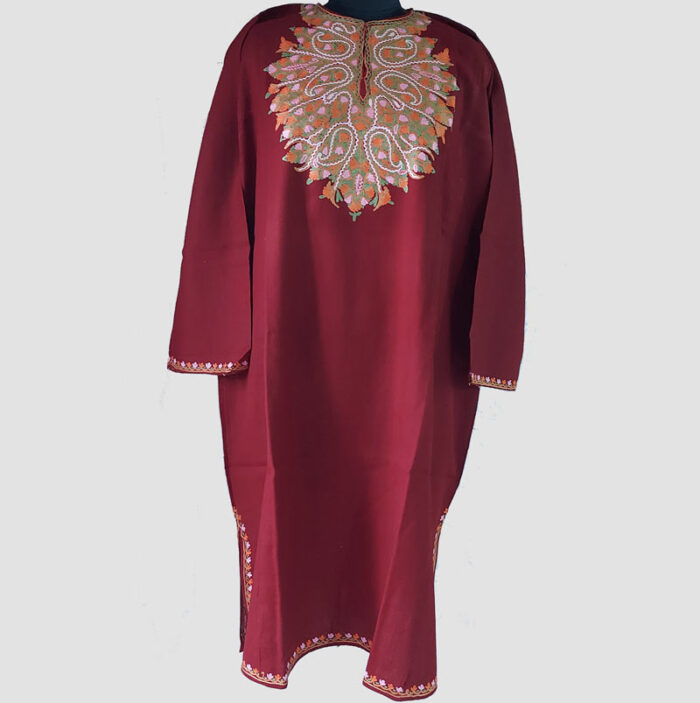 Maroon Multicolor Aari Hand Work Pure Raffal Wool Phiran - Image 2