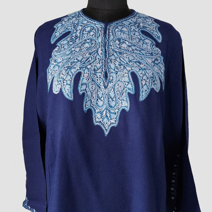 Dark Blue Chinar Aari Hand Work Pure Raffal Pheran