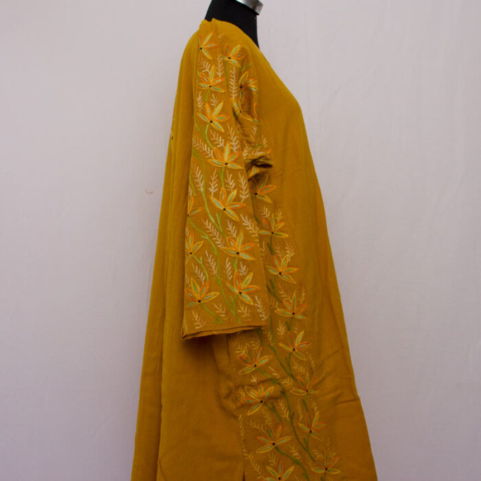 Mustard Yellow Pure Raffal Aari Work Pheran - Image 3