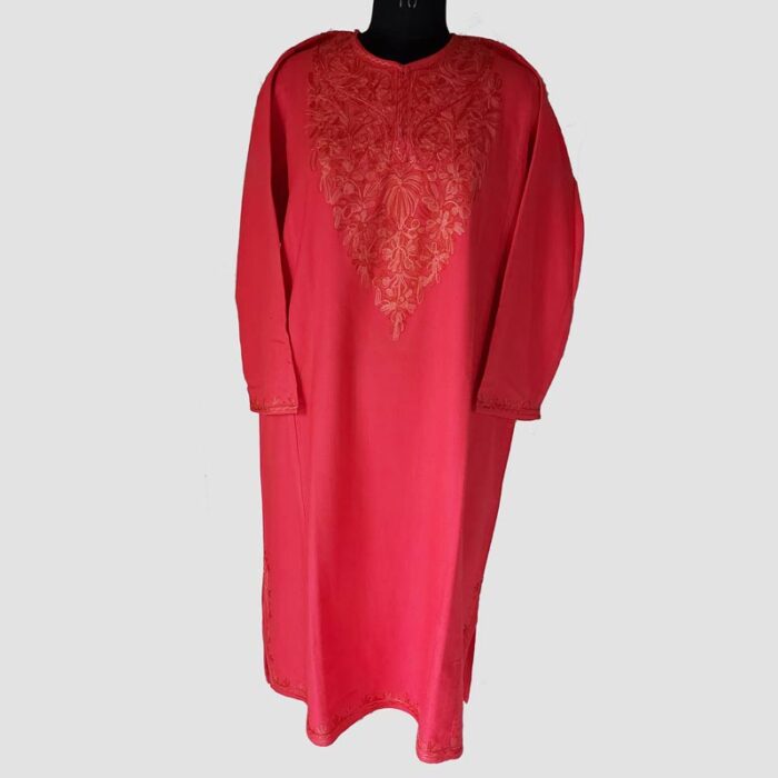 Strawberry Color Cashmilon Pheran with Aari Work - Image 2