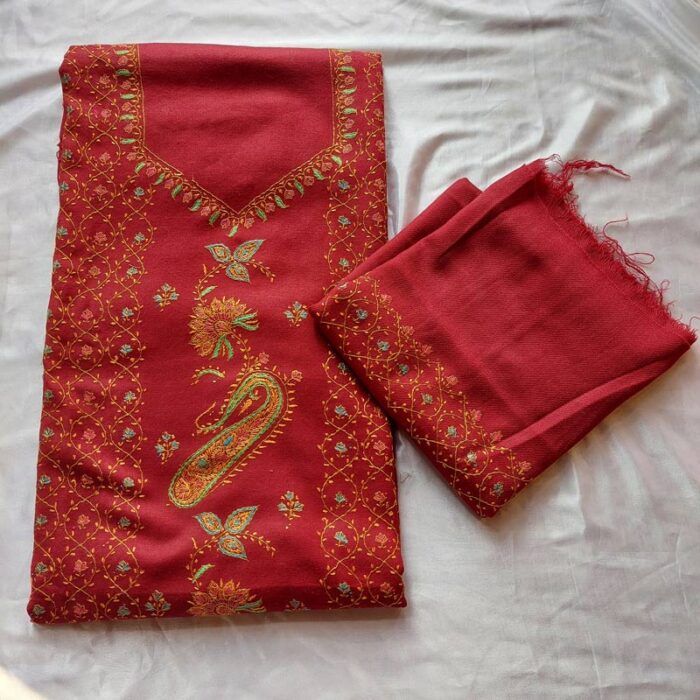 3Pc Maroon Pure Wool Handwork Suit With Stole