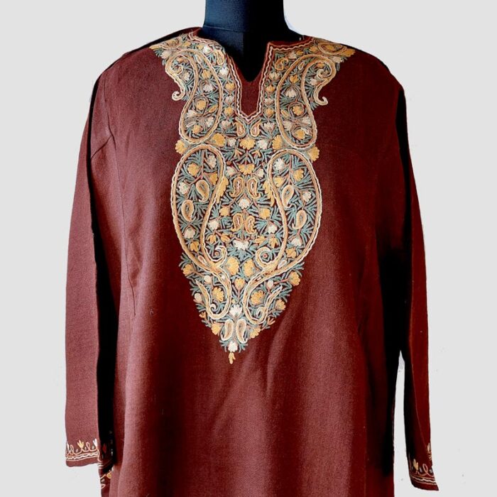 Dark Brown Raffal Hand Aari Work Pheran