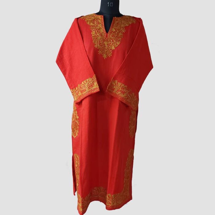 Red Cashmilon Pheran With Aari Work - Image 2