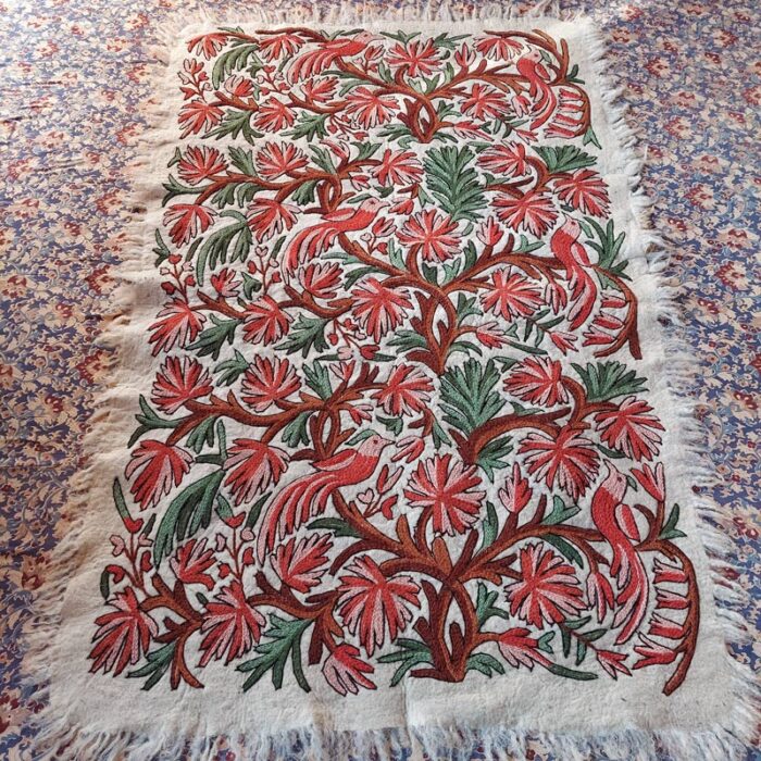 6x4 Birds on Tree Double Work Handmade Aari Embroidered Wool Namda