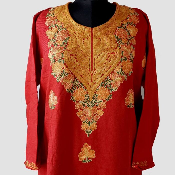 Red Raffal Aari Work Kurta
