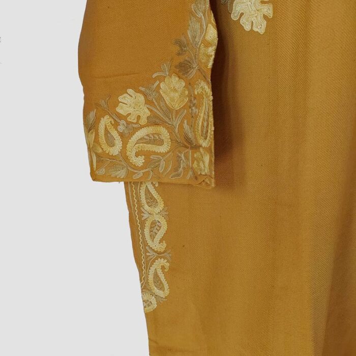 Mustard Yellow Aari Work Pure Raffal Pheran - Image 4