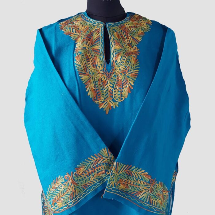 Sky Blue Cashmilon Pheran in Aari Work