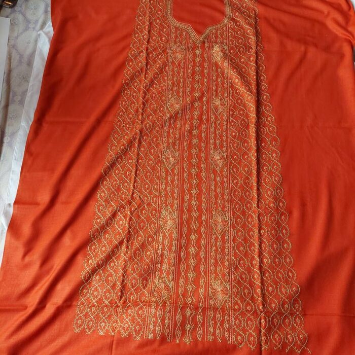 Dark Orange Ruby Cotton A Shaped Sozni Jali Work Suit - Image 2