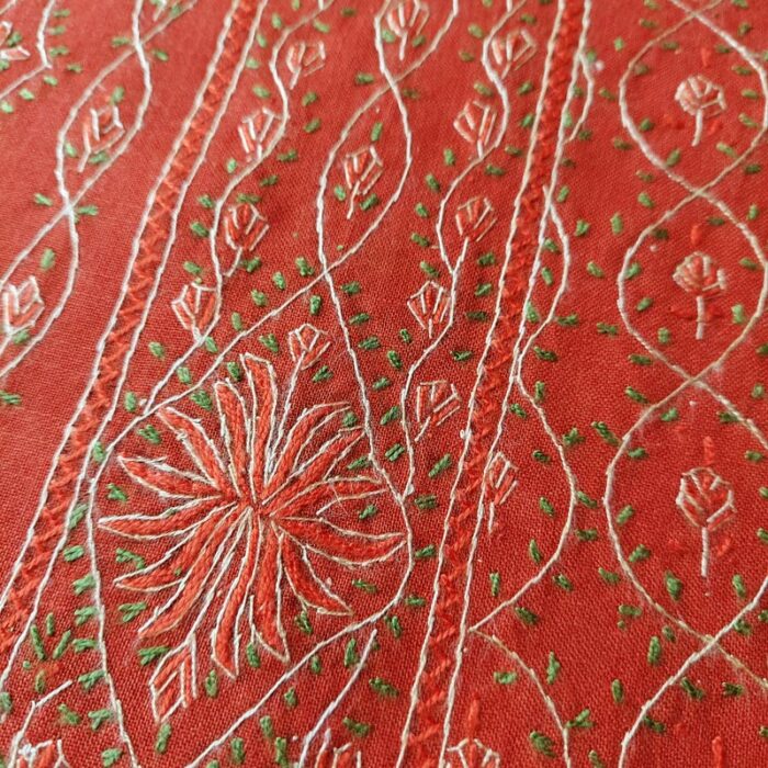 Dark Orange Ruby Cotton A Shaped Sozni Jali Work Suit - Image 3