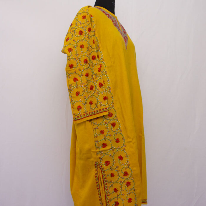 Yellow Pure Raffal Wool Sozni Work Pheran - Image 3