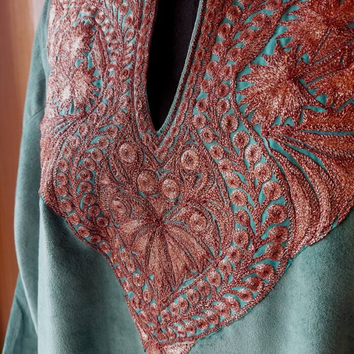 Green Velvet Pheran with Tilla Work - Image 3