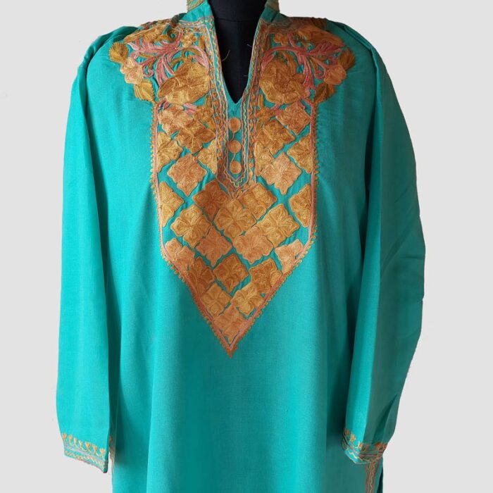 Turquoise Colour Summer Cool Aari Work Kurta