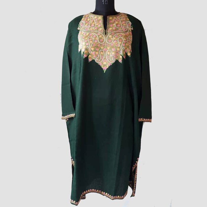 Dark Green Raffal Pheran With Hand Aari Work - Image 2