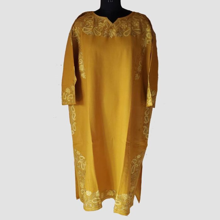 Mustard Yellow Aari Work Pure Raffal Pheran - Image 2