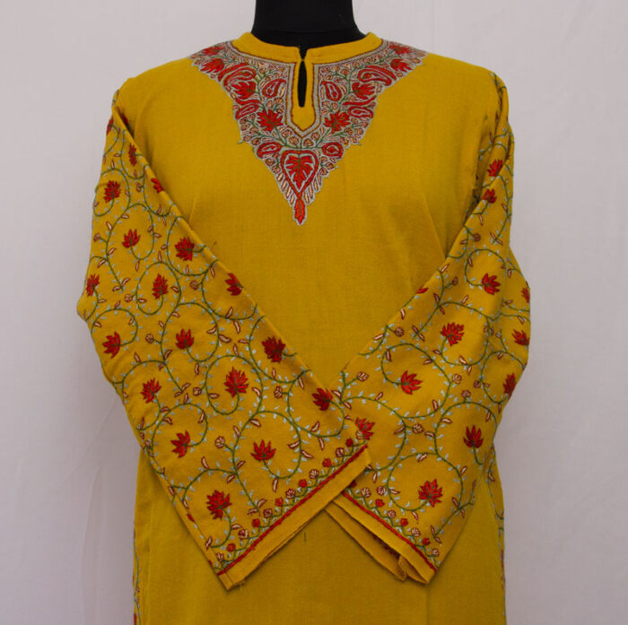 Yellow Pure Raffal Wool Sozni Work Pheran