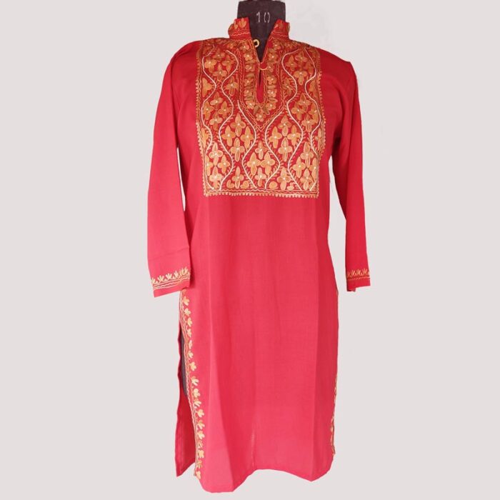 Red Summer Cool Aari Work Kurta with Collar - Image 2