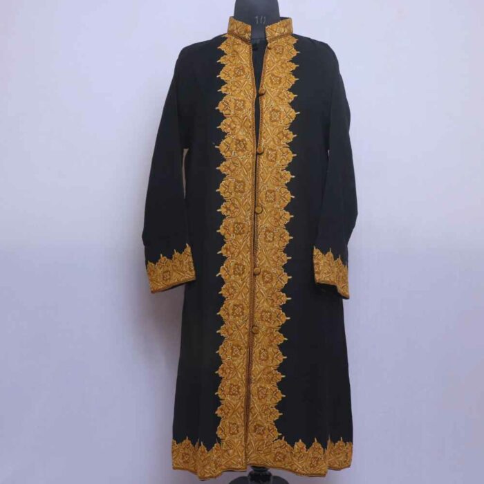 Black Semi Pashmina Kashmiri Coat With Hand Aari Work