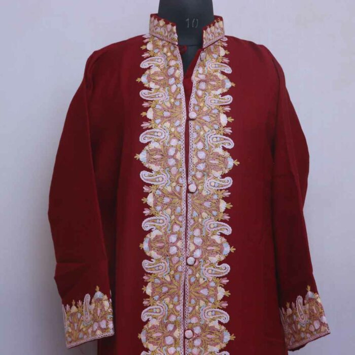 Maroon Semi Pashmina Kashmiri Jacket With Hand Aari Work
