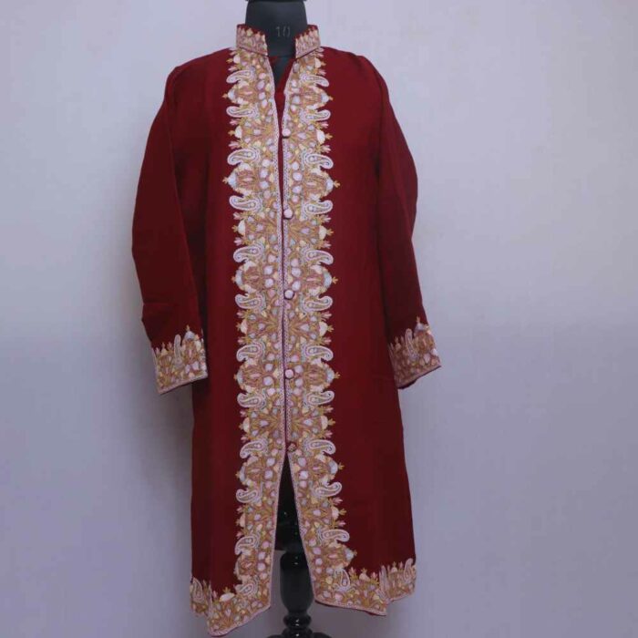 Maroon Semi Pashmina Kashmiri Jacket With Hand Aari Work - Image 2