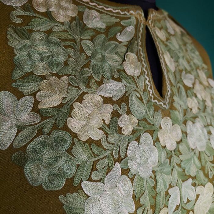 Olive Raffal Floral Aari Work Pheran - Image 3