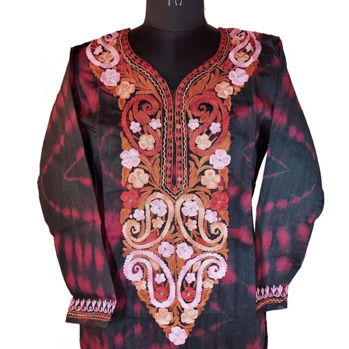 Black Maroon Silk Aari Work Kurta
