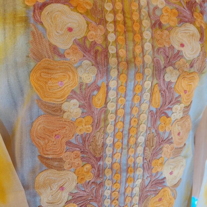 Silk Yelow Orange Aari Work Kurta - Image 3