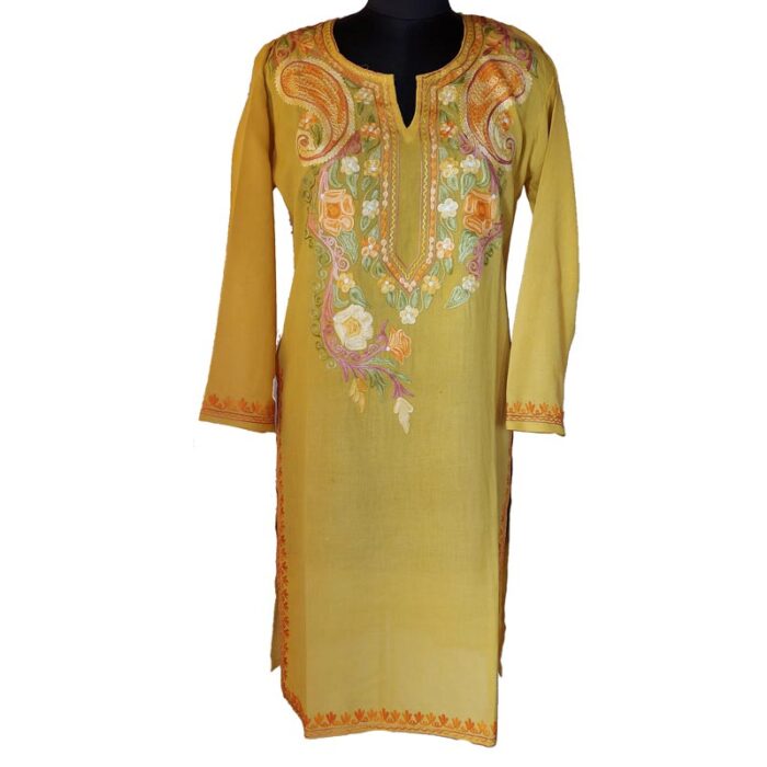Yellow Floral Summer Cool Aari Work Kurta - Image 2