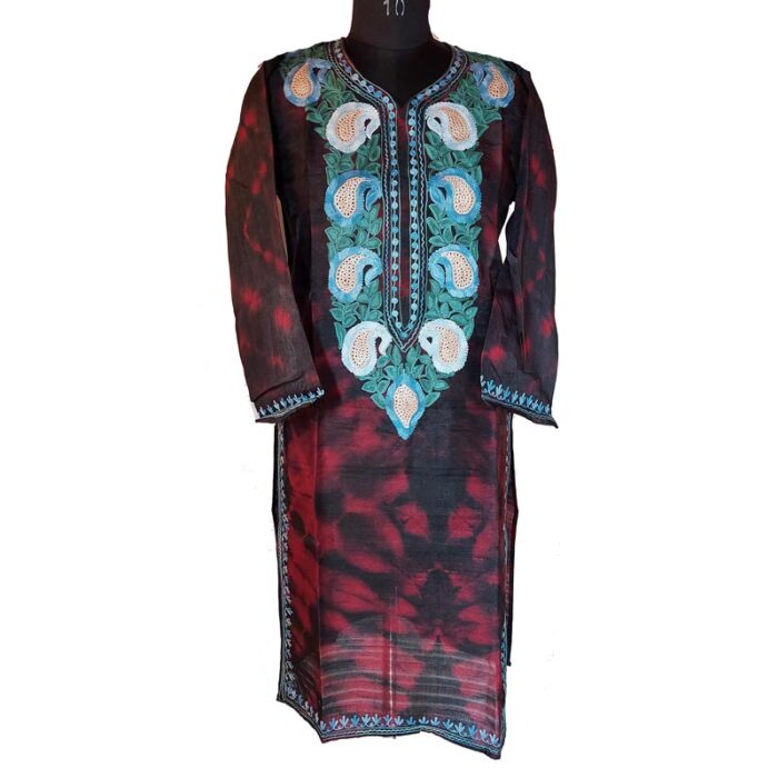 Wine Color Silk Aari Work Kurta - Image 2