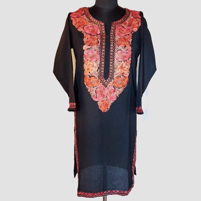 Black Floral Summer Cool Aari Work Kurta - Image 2