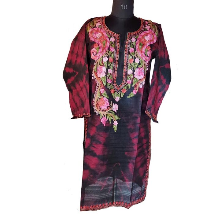 Wine Black Silk Aari Work Kurta - Image 2