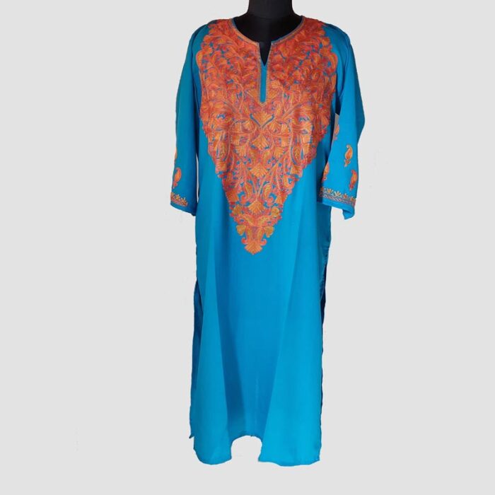 Blue Summer Cool Harud Rang Aari Work Kurta - Image 2