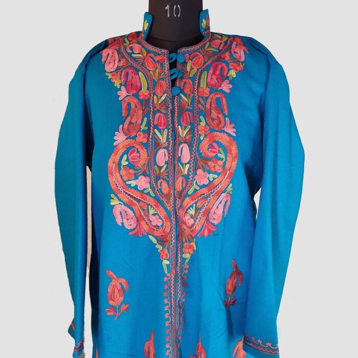 Blue Cashmilon Aari Emroidered Kurta with Collar