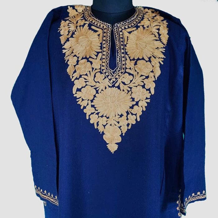 Blue Cashmilon Floral Aari Work Pheran