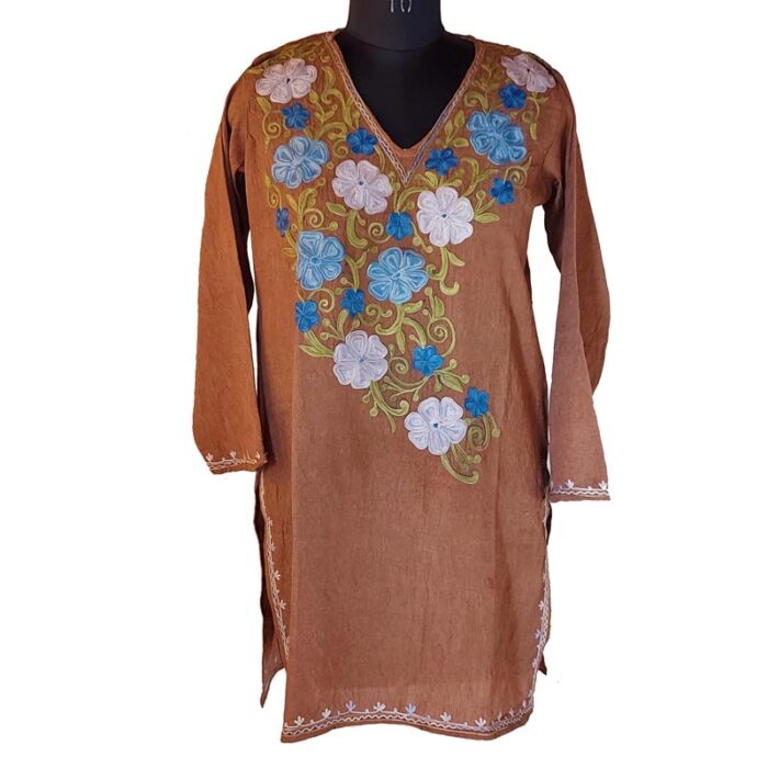 Brown Crush Cotton Aari Work Kurta - Image 2