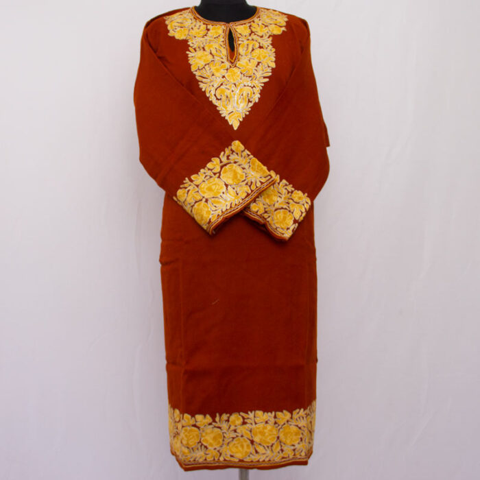 Dark Rust Raffal Aari & Zari Work Pheran - Image 2