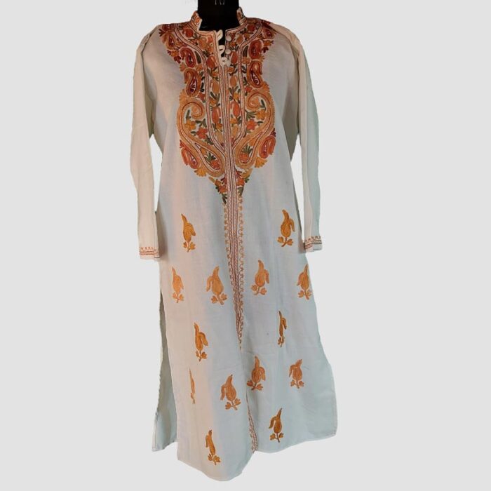 White Cashmilon Aari Emroidered Kurta with Collar - Image 2