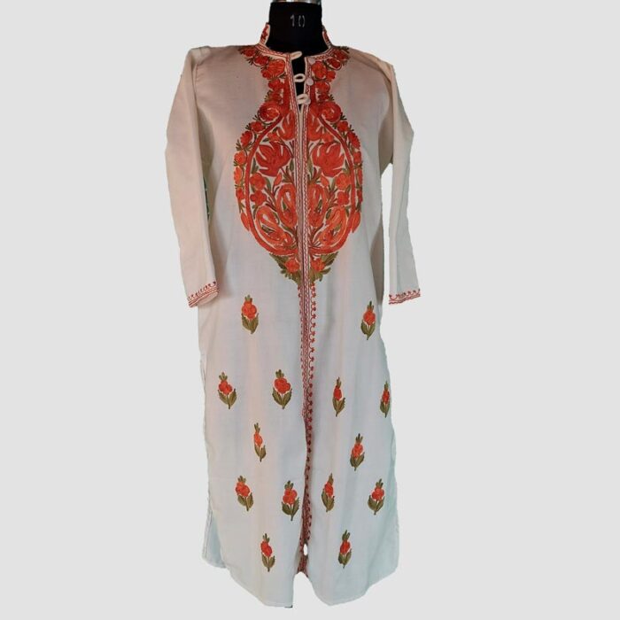 White Cashmilon Chinari Aari Emroidered Kurta with Collar - Image 2