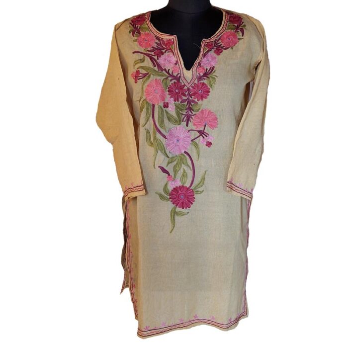 Light Yellow Crush Cotton Aari Work Kurta - Image 2