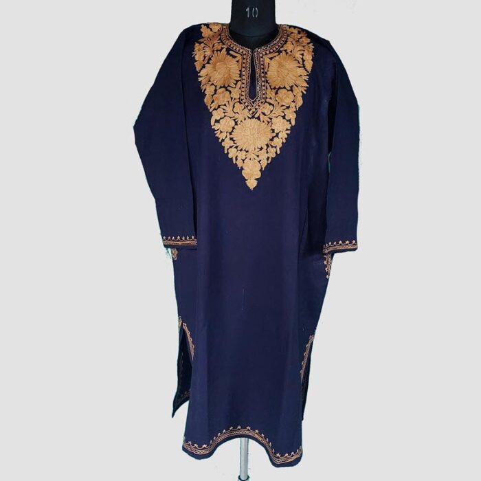Blue Cashmilon Floral Aari Work Pheran - Image 2