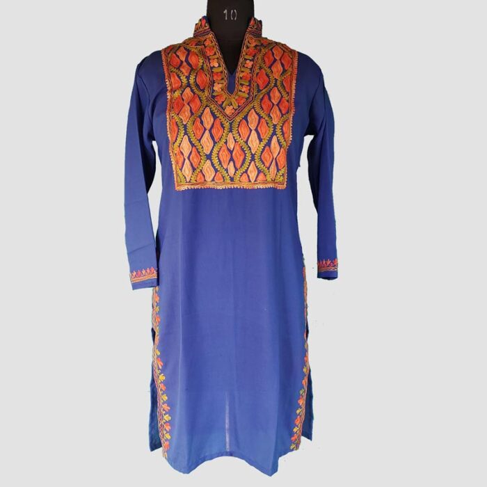 Dark Blue Summer Cool Multi Color Aari Work Kurta with Collar - Image 3