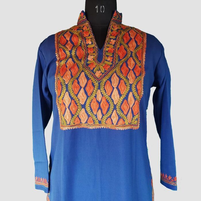 Dark Blue Summer Cool Multi Color Aari Work Kurta with Collar - Image 5