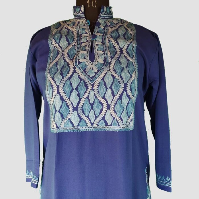 Dark Blue Summer Cool Aari Work Kurta With Collar