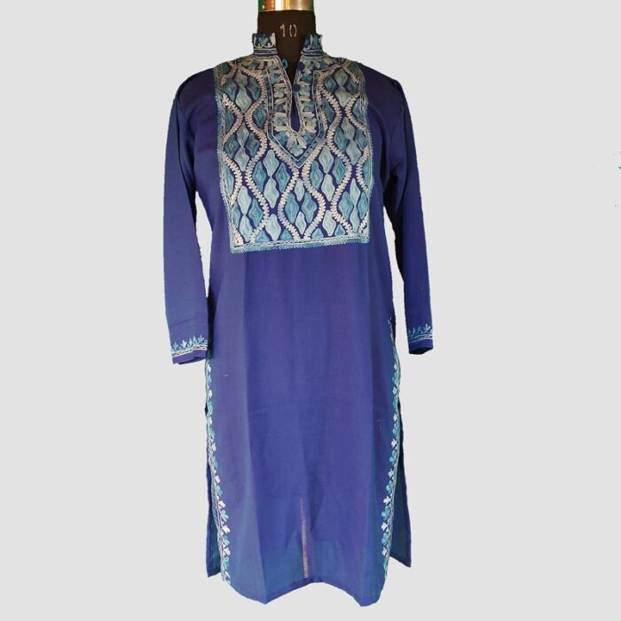 Dark Blue Summer Cool Aari Work Kurta With Collar - Image 2